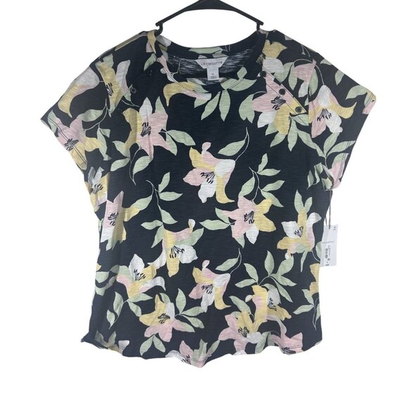 Liz Claiborne Blouse Women's Floral Print Short-Sleeve Top Black Size XL Tee NWT - Picture 1 of 8